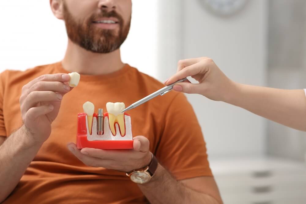 Doctor with educational model of dental implant consulting patient in clinic