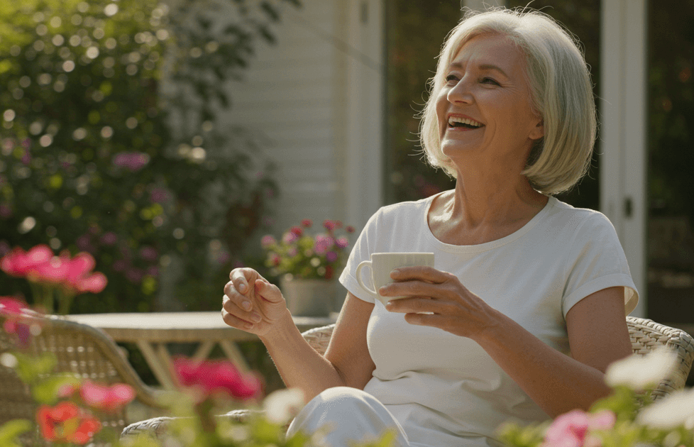 old woman having coffee outside their house