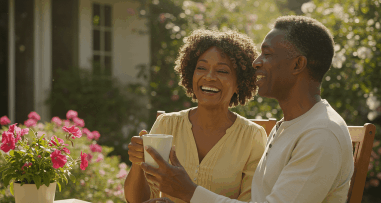 black couple having coffee outside their house