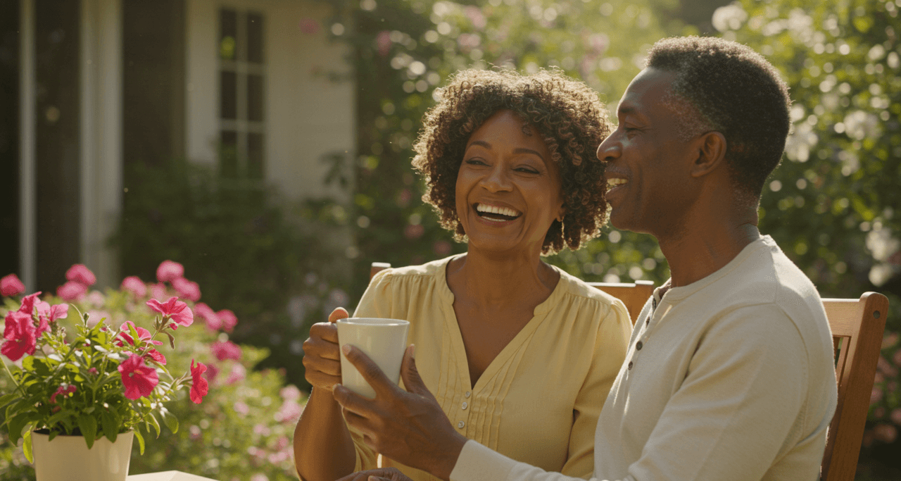 black couple having coffee outside their house