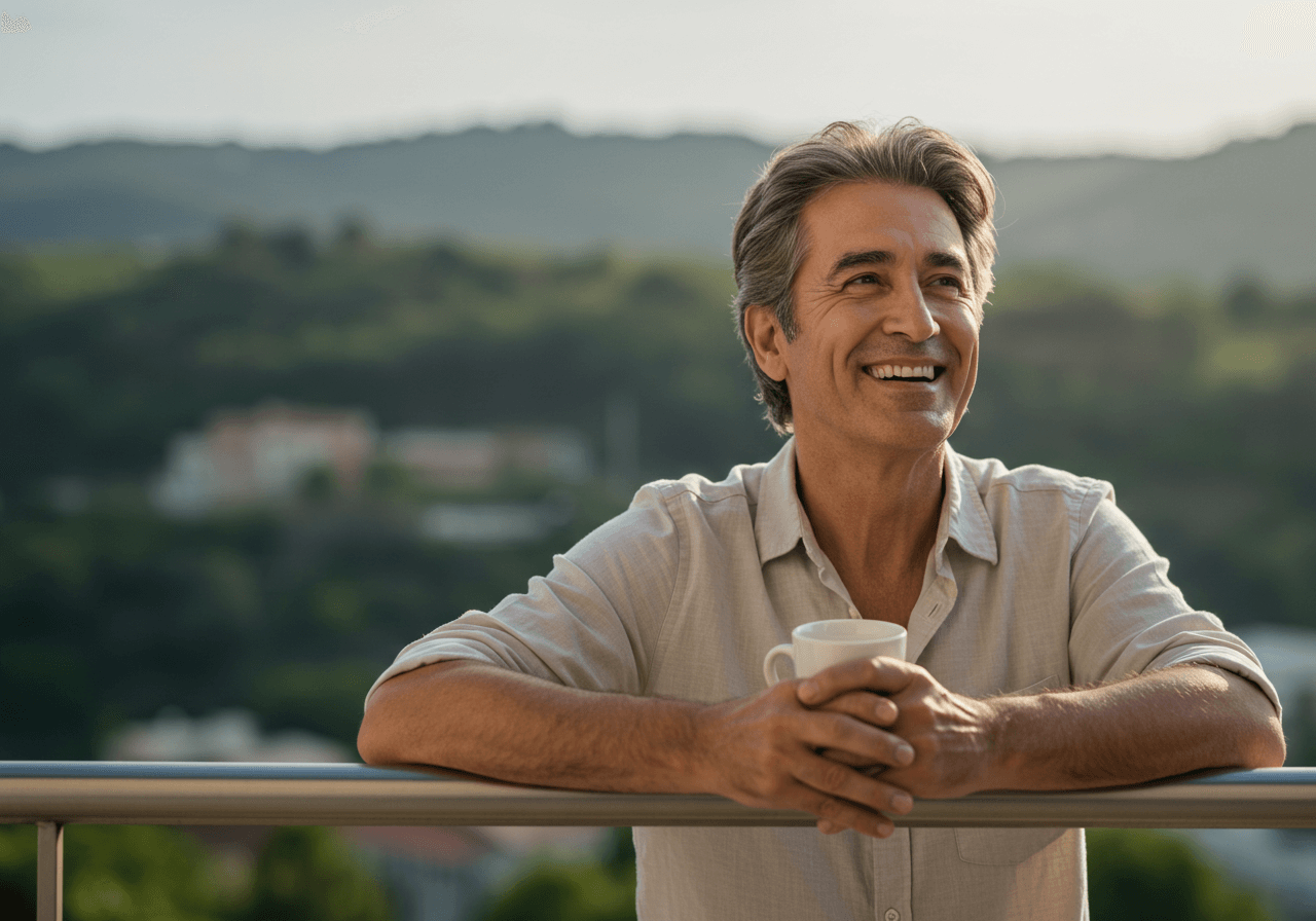 man looking outside holding a cup of coffee