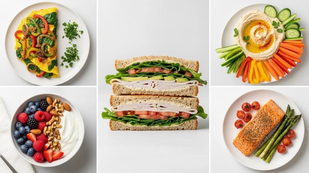 collage-style layout of five meals on clean white backgrounds: omelet with vegetables, yogurt with berries and nuts, turkey avocado sandwich, hummus with vegetables, baked salmon dinner