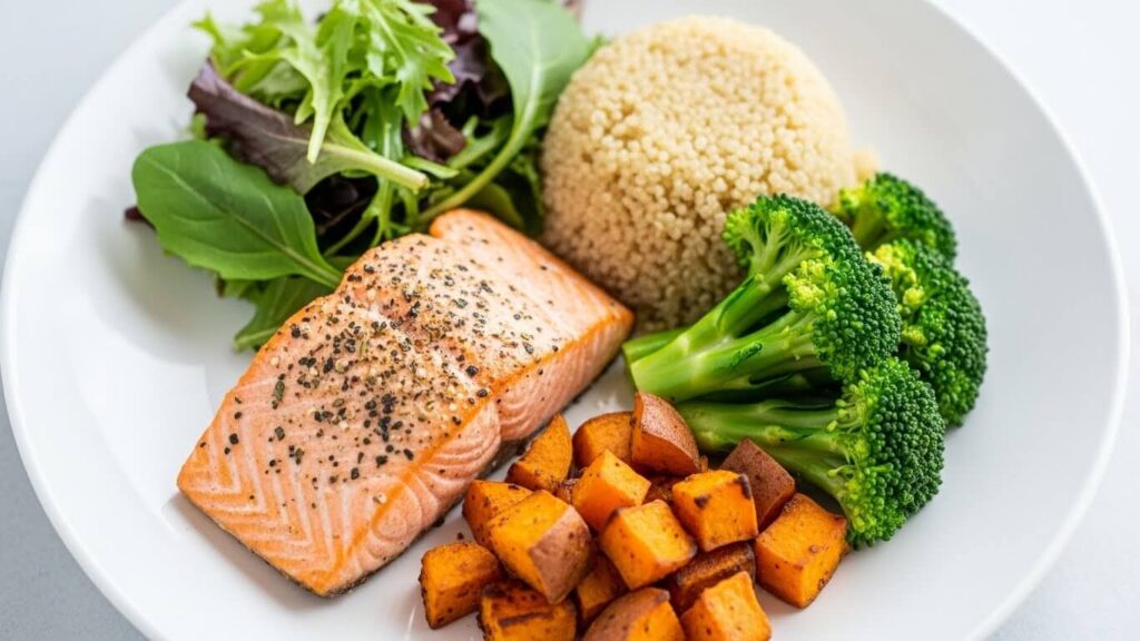 a balanced meal plate: baked salmon, quinoa, broccoli, sweet potato, and a small side of greens