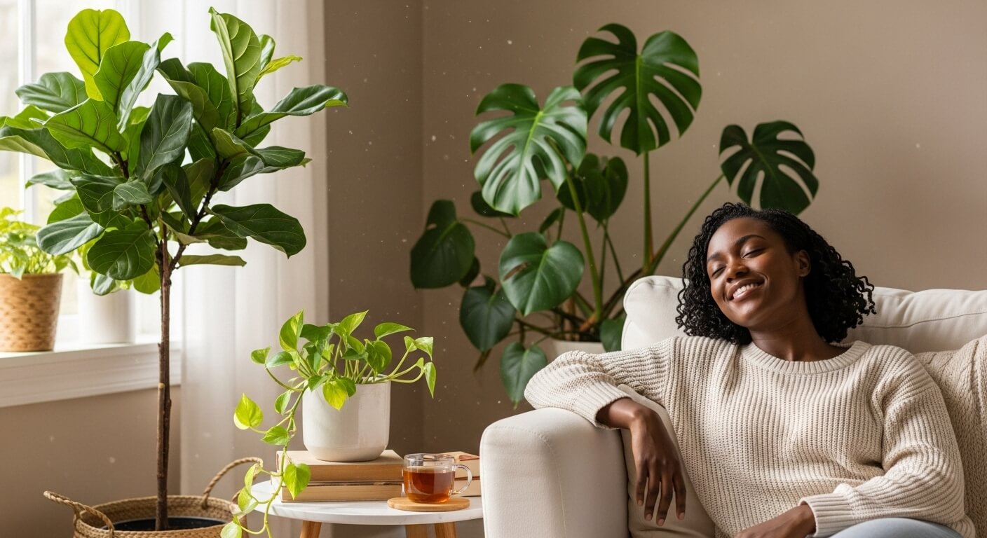 Jungle ambience - woman in the living room with tea
