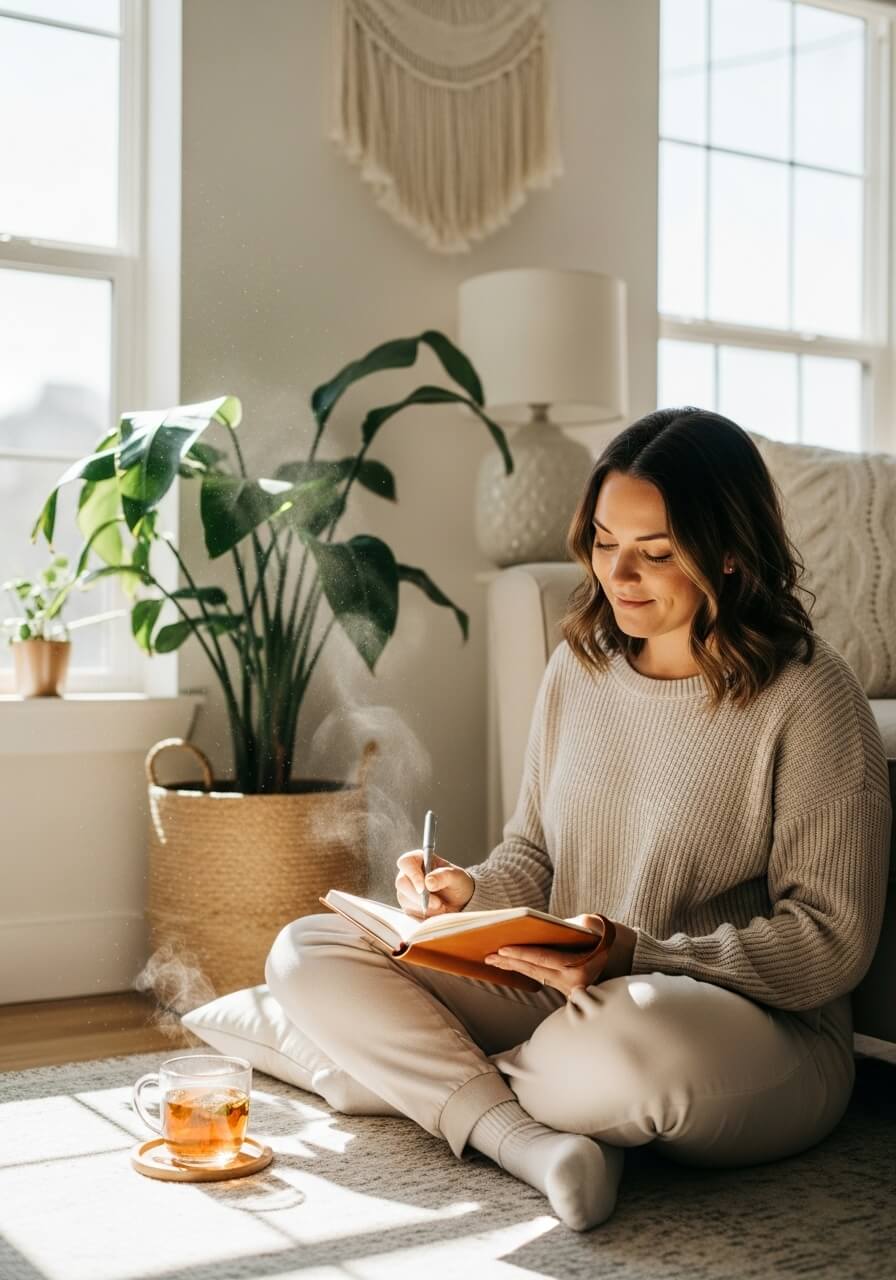 woman sitting on the floor while writing notes