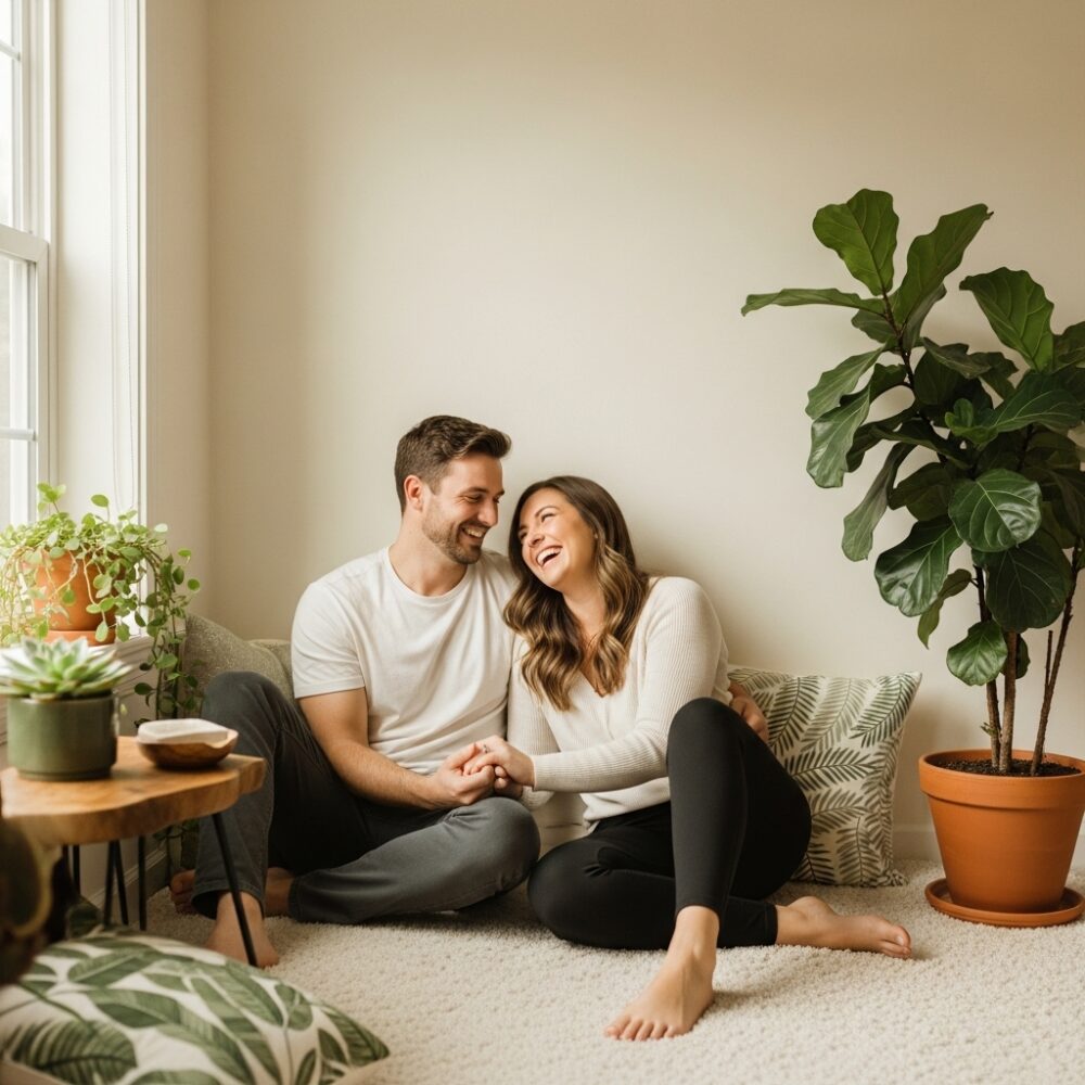 happy couple enjoying at home