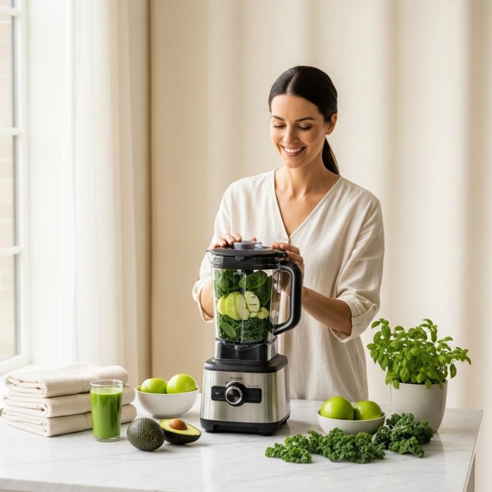young women putting green fruits and vegetables on a blender