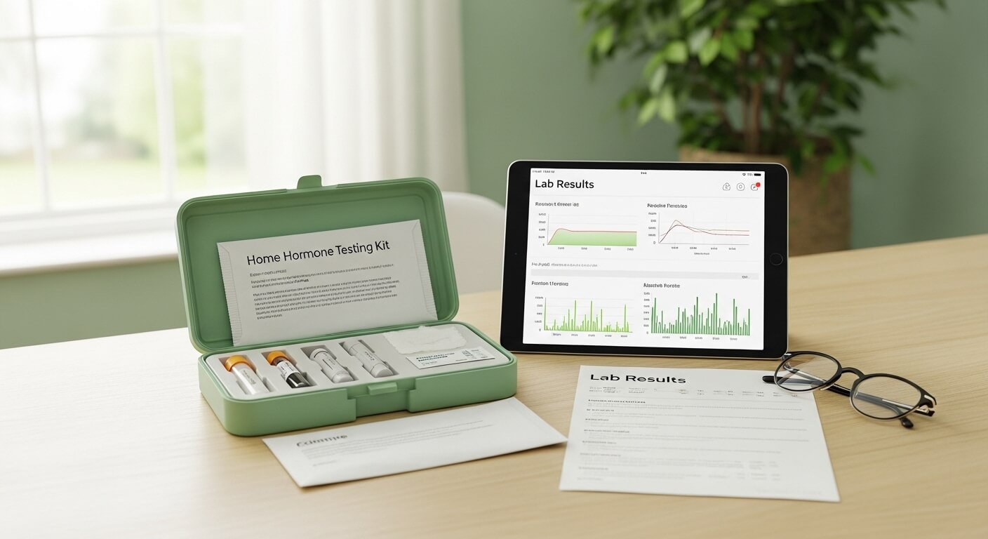at-home hormone testing kit and a tablet displaying the lab results
