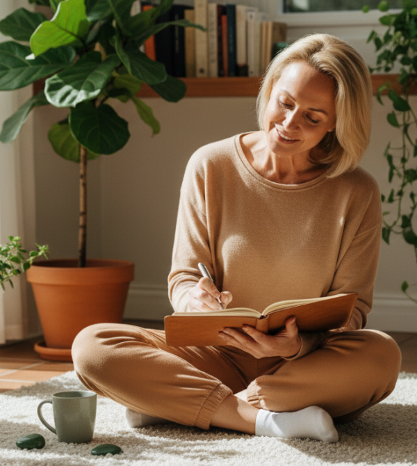 old woman sitting on the floor while writing notes