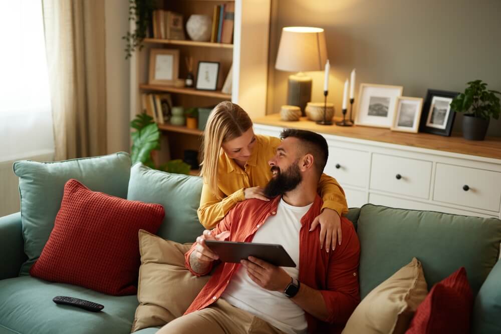 Handsome couple relaxing at home and using tablet
