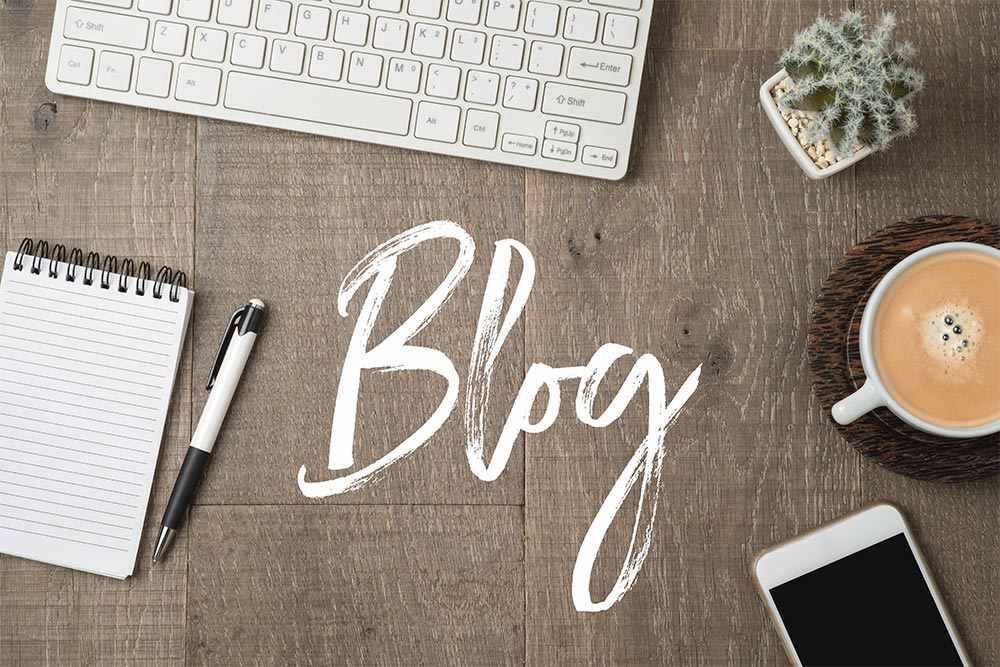Blog and information website concept. Workplace background with text. View from above