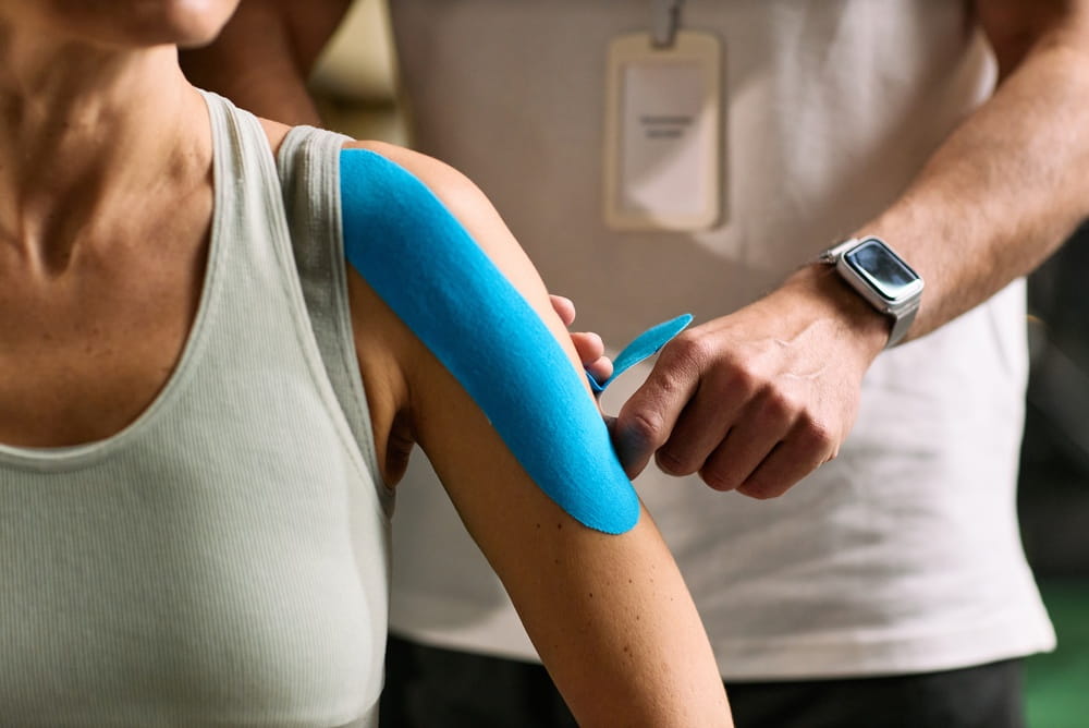 Caucasian young adult woman receiving kinesiology tape application on shoulder