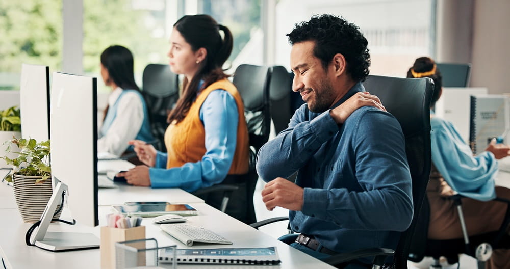 Computer, business man or shoulder pain in office with muscle fatigue, article pressure or workload.