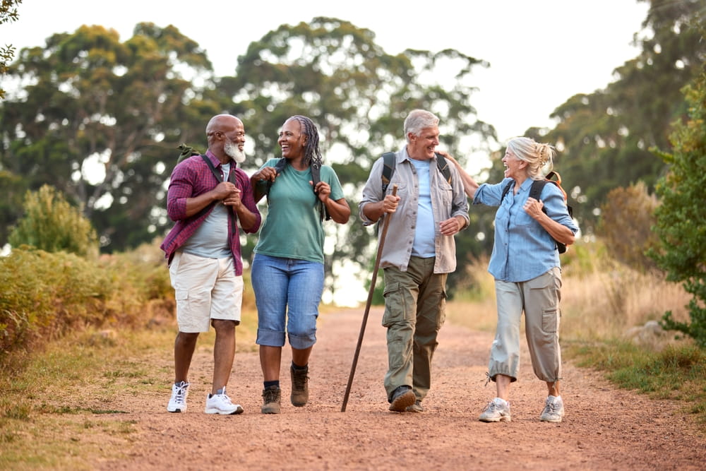 Group Of Active Senior Friends Enjoying Hiking Through Countryside Walking Along Track Together