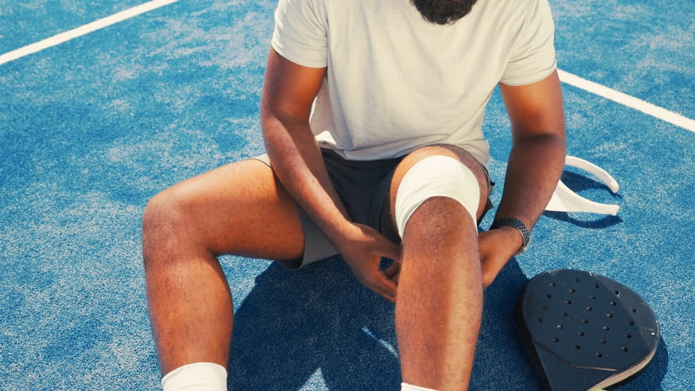 Bandage, knee pain and man on tennis court with injury, medical crisis and accident outdoors