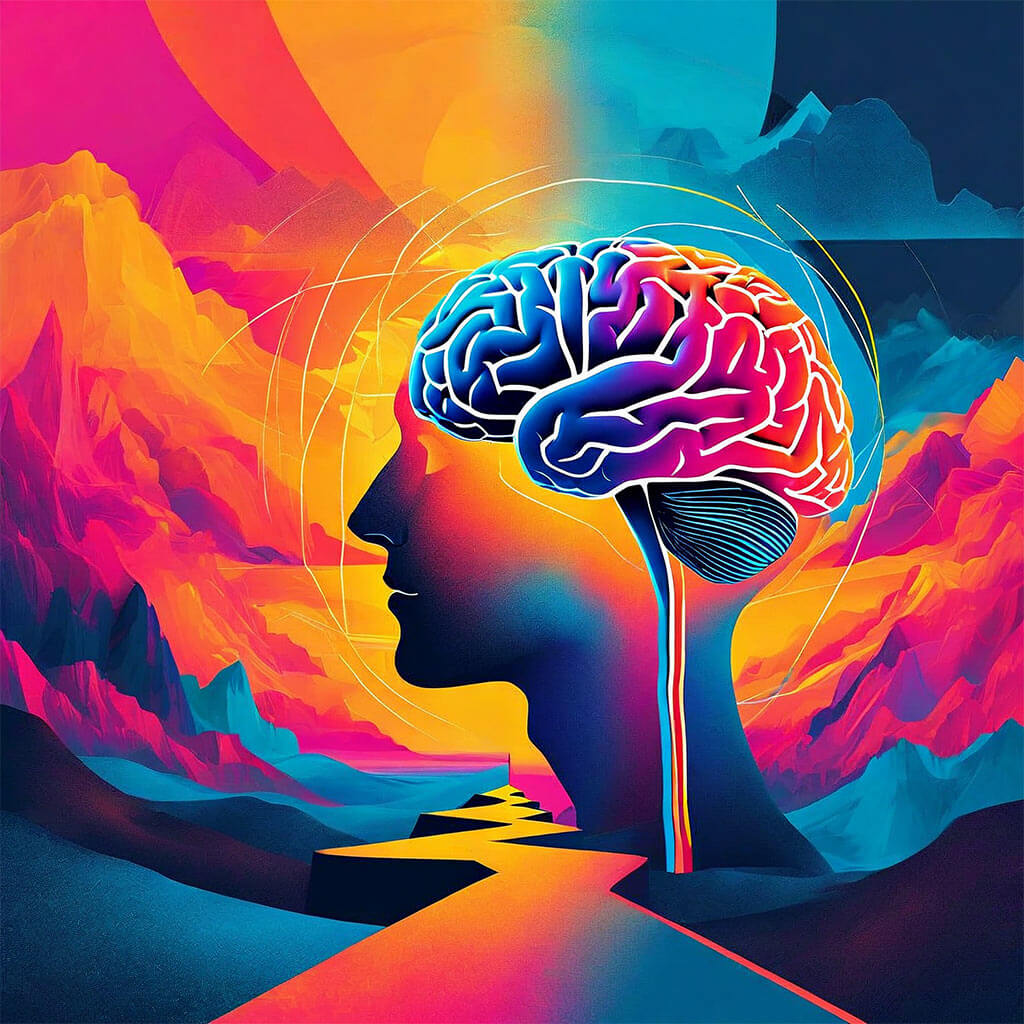 abstract artistic style, futuristic design, vibrant bold colors, brain connecting with emotions