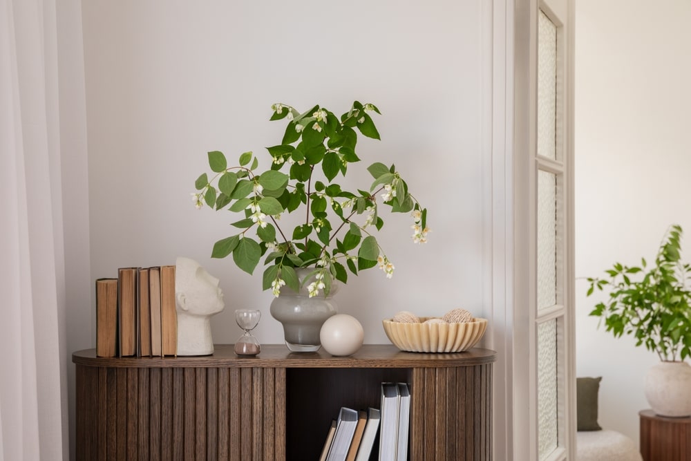 Bright and cozy interior featuring a wooden cabinet with decorative items