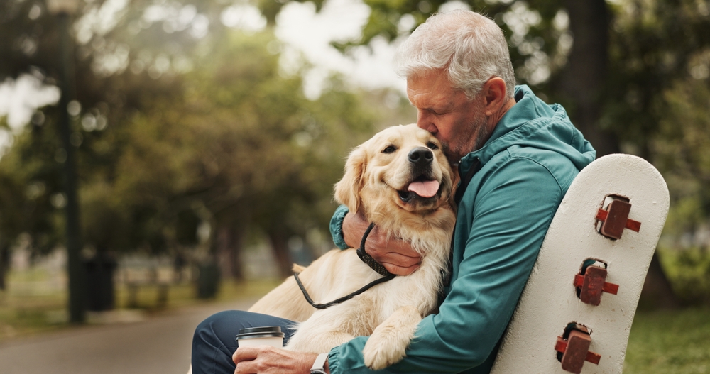 Park, senior man and dog with kiss for bonding, walking break and companion in retirement outdoor