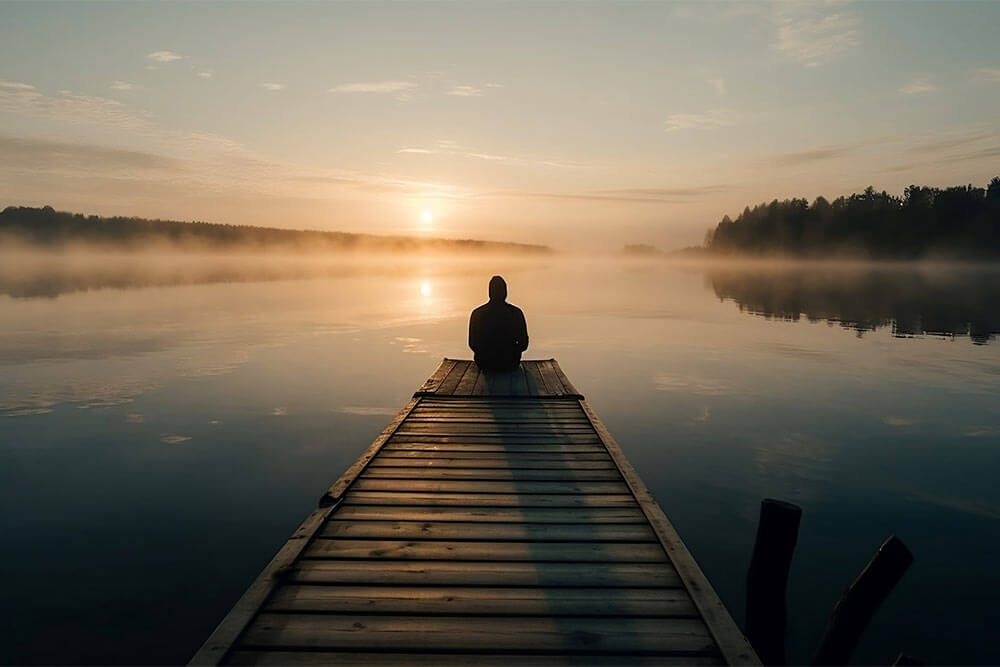 A person sitting on a wooden dock, overlooking a misty lake during sunrise