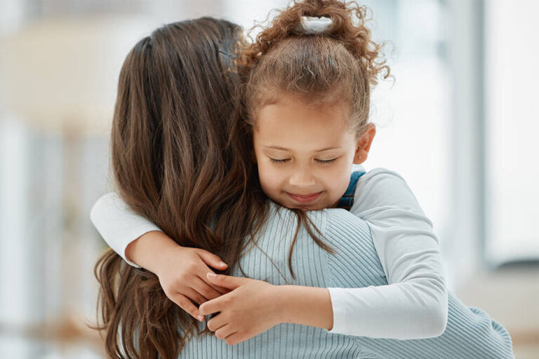 Child, love and back of mom for hug, peace and happy for security and protection in home