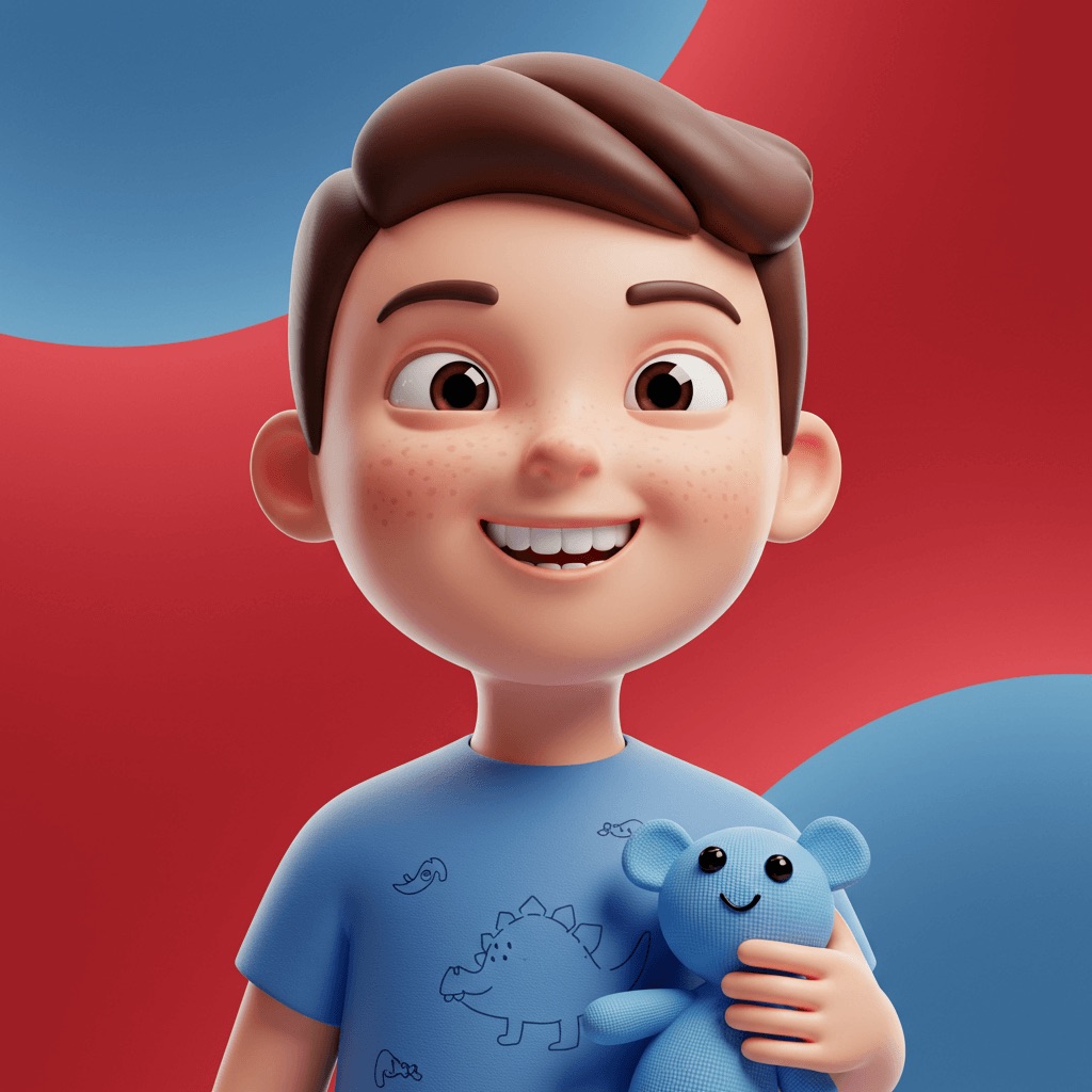 a 3D animated character of a young boy holding a stuff toy