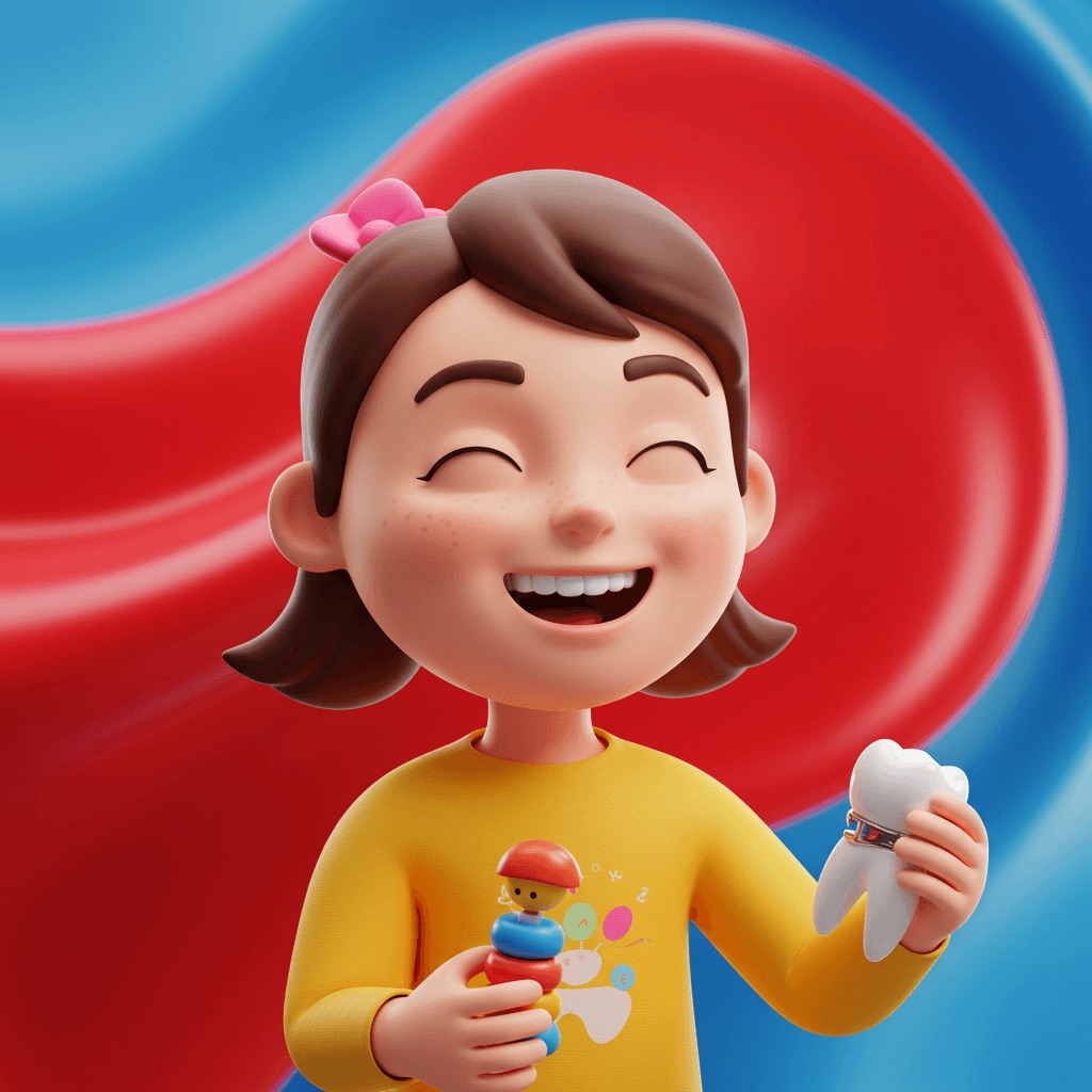 a 3D animated character of a young girl holding a toy tooth