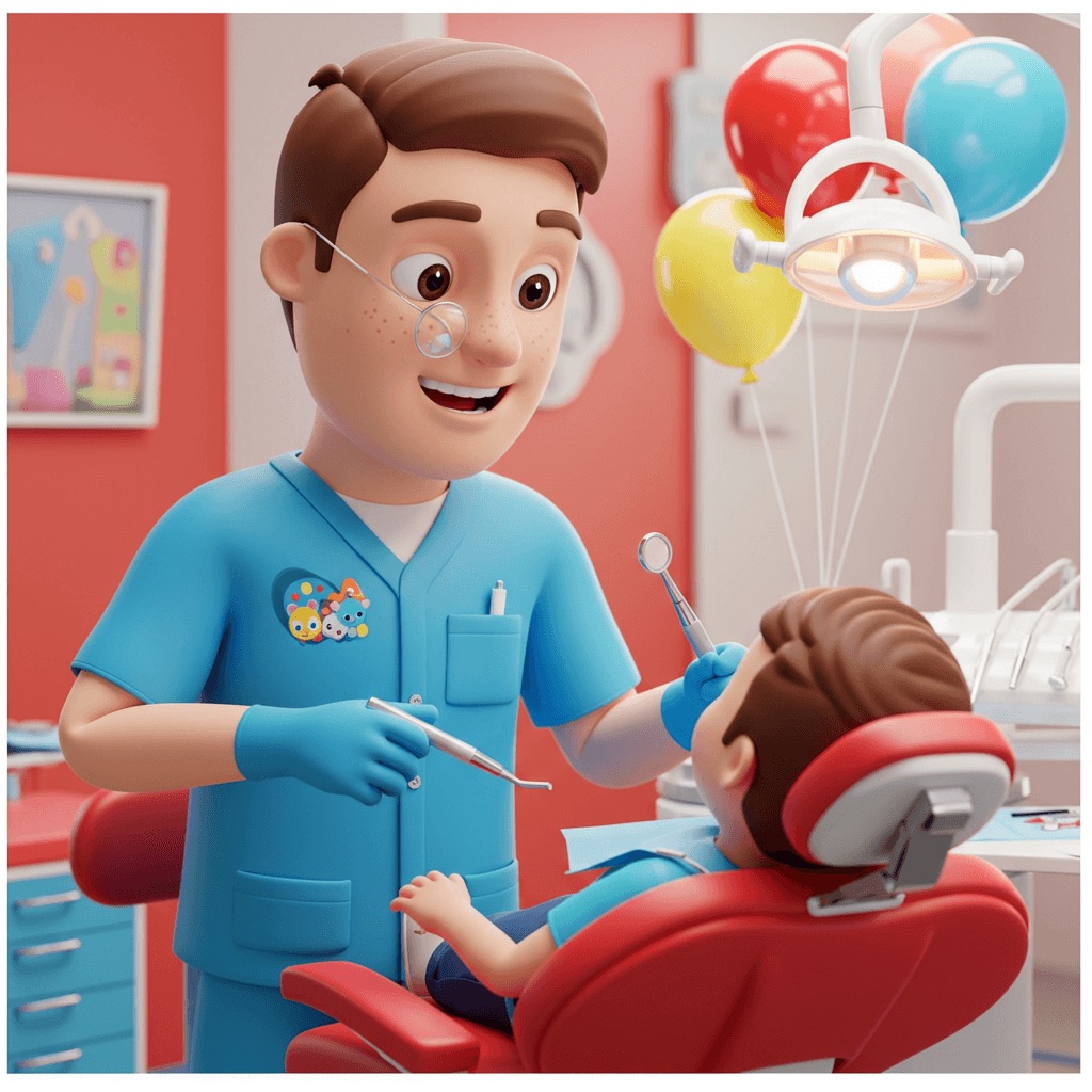 a 3D animated illustration depicting a pediatric dentist caring for a young patient