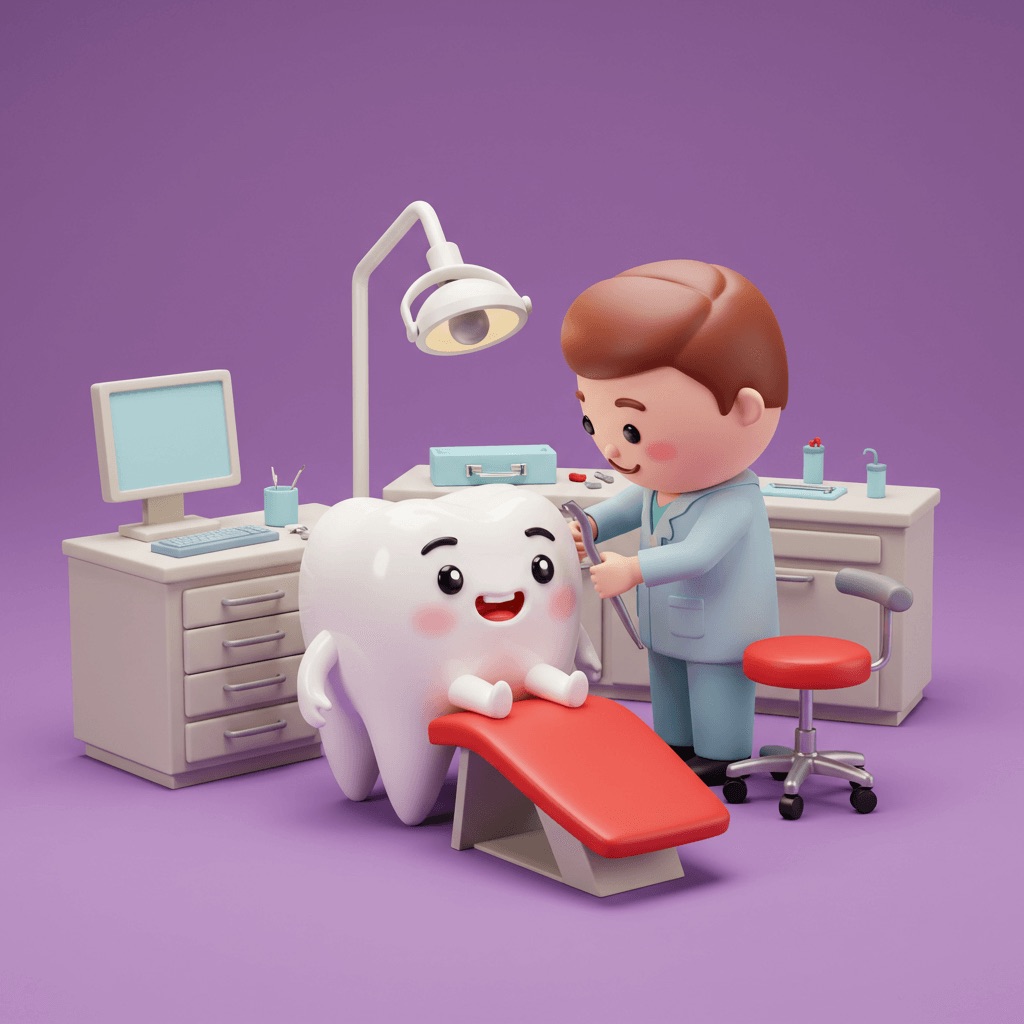 a 3D animated character of a dentist and a tooth model patient