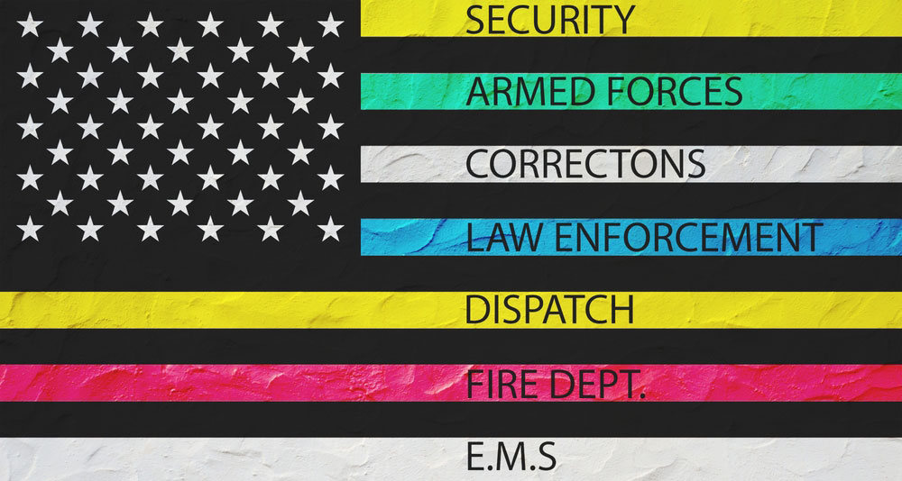 a first responder flag featuring black-and-white American flag styling with colored stripes representing different public safety professions