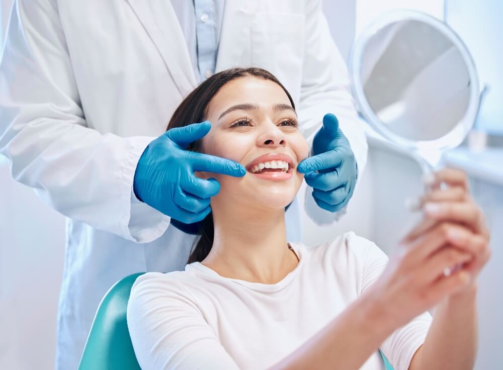 Mirror and woman with smile after teeth whitening