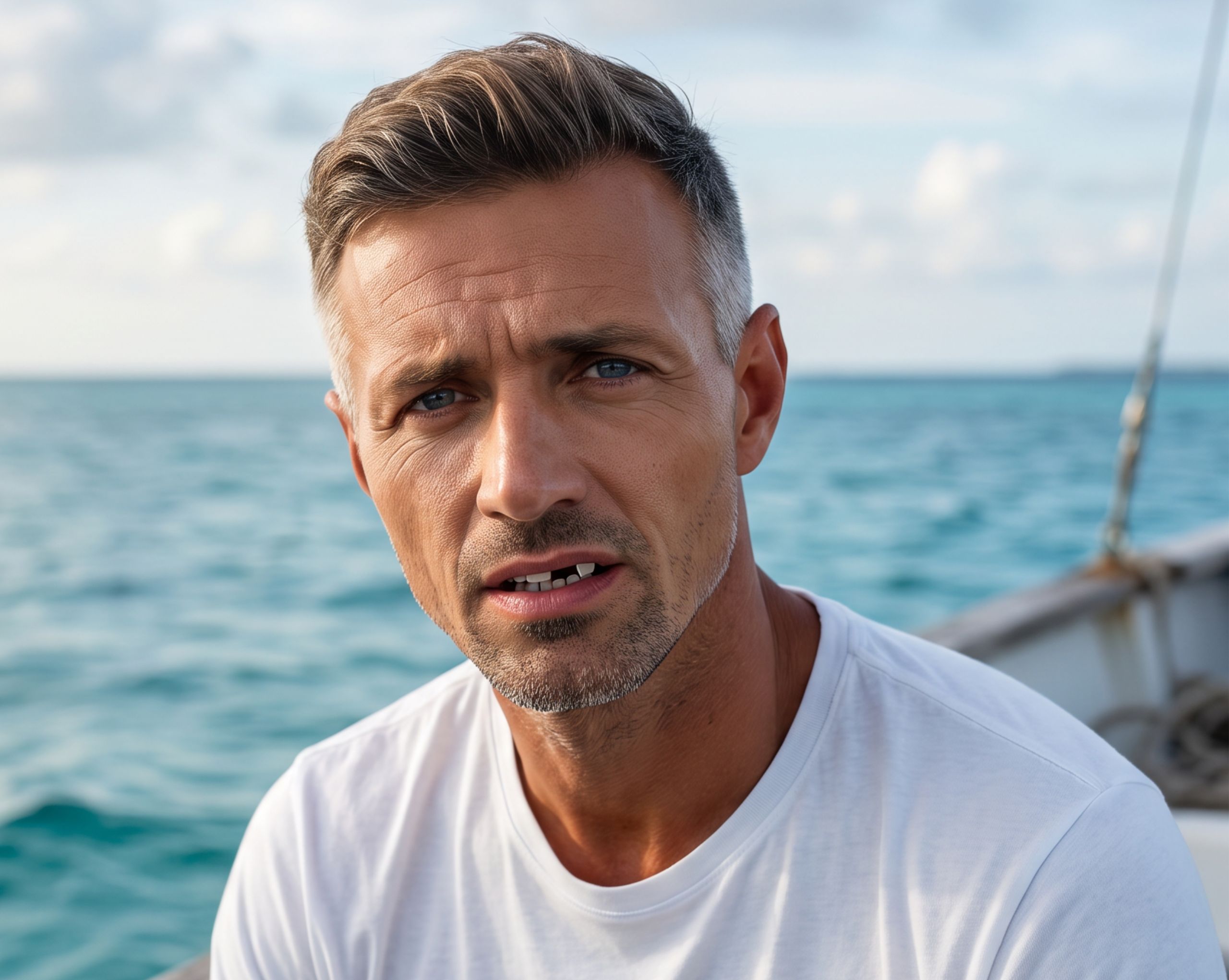 Concerned looking man on a boat showing that he has a chipped tooth
