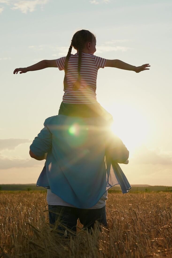 Little daughter on shoulders of her father