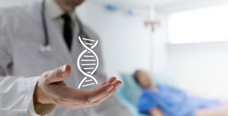 A doctor holds a DNA chain icon, symbolizing genetic research and medical advancements. This highlights the role of DNA in personalized medicine and healthcare innovations