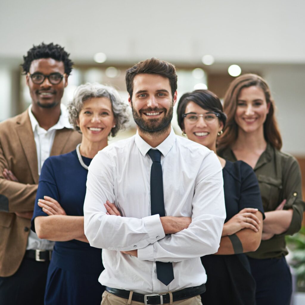 Team, arms crossed and smile for mentor