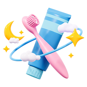 Digital rendering of toothbrush, toothpaste, starts, clouds and orbit