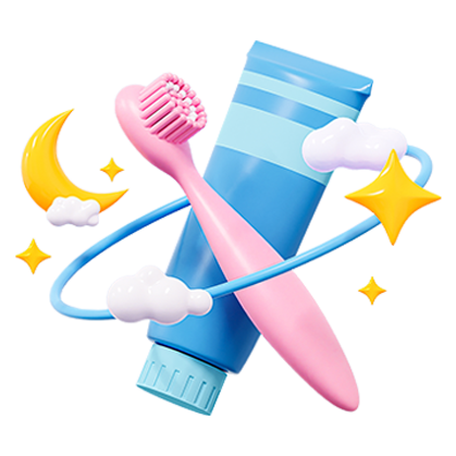 Digital rendering of toothbrush, toothpaste, starts, clouds and orbit