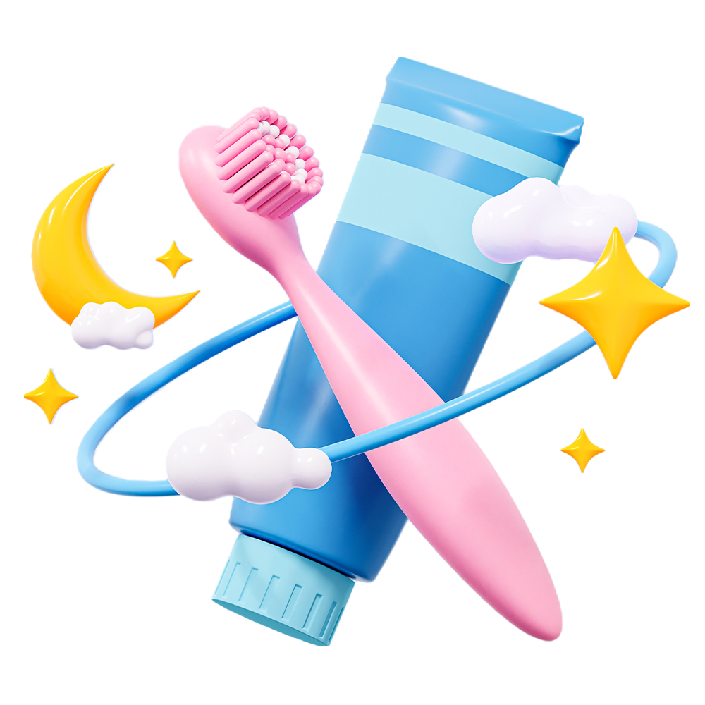 Digital rendering of toothbrush, toothpaste, starts, clouds and orbit