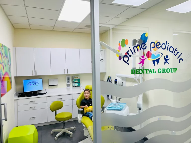 Office tour photos showing Prime Pediatric Dental Group decal logo and young boy sitting in dental chair