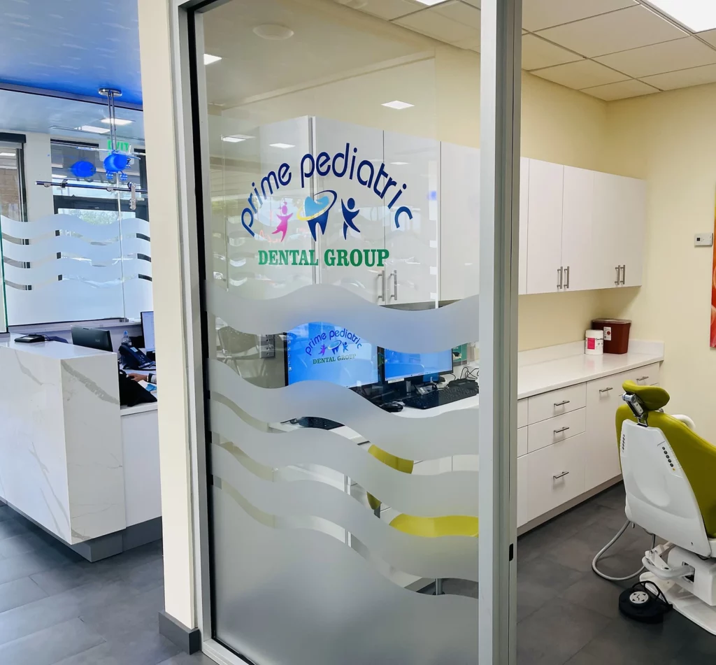 Office tour photos showing Prime Pediatric Dental Group decal logo