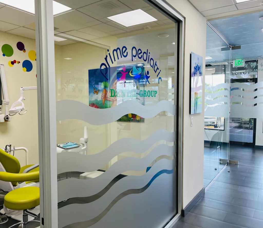 Office tour photos showing Prime Pediatric Dental Group decal logo