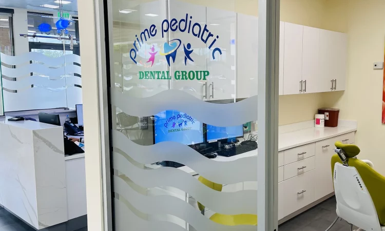 Office tour photos showing Prime Pediatric Dental Group decal logo