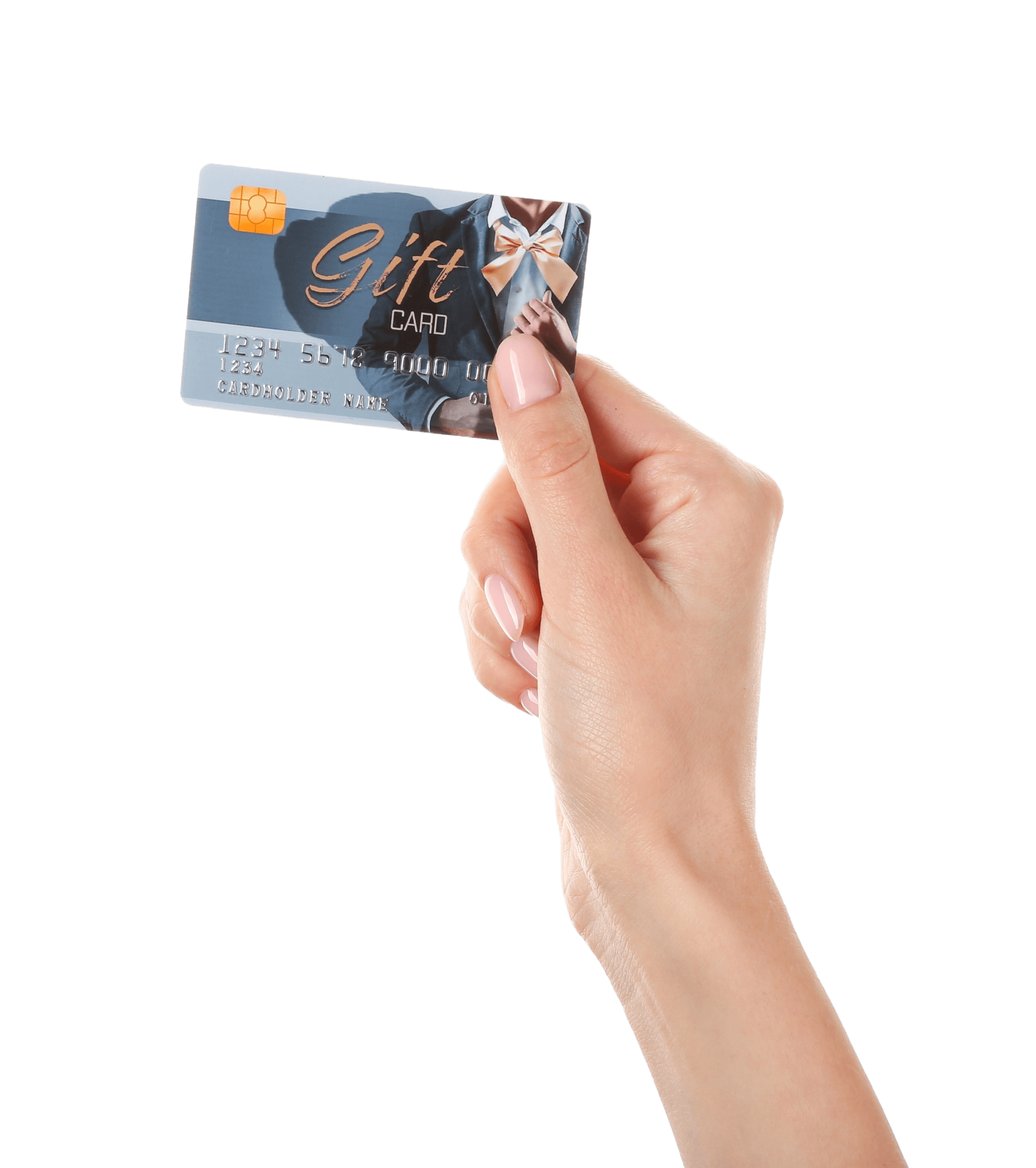 Female hand and gift card on white background